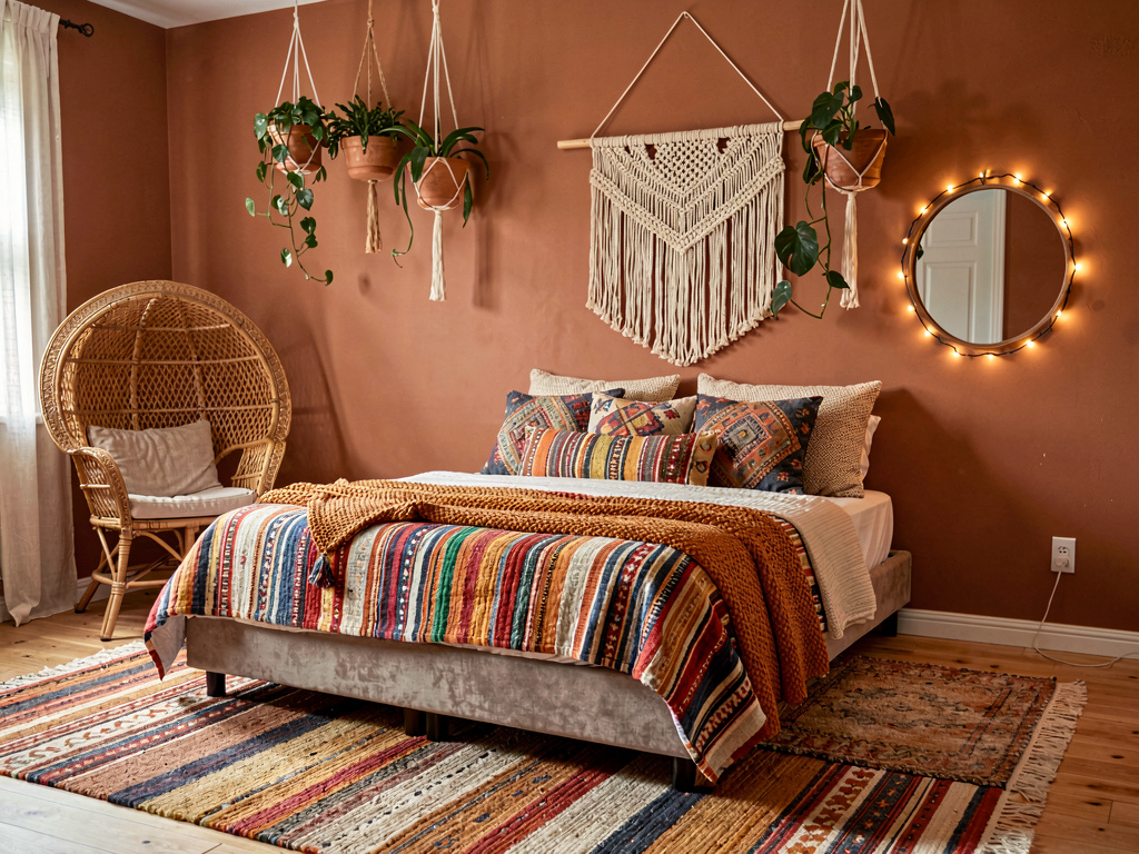 Bohemian aesthetic bedroom with macrame and layered textiles