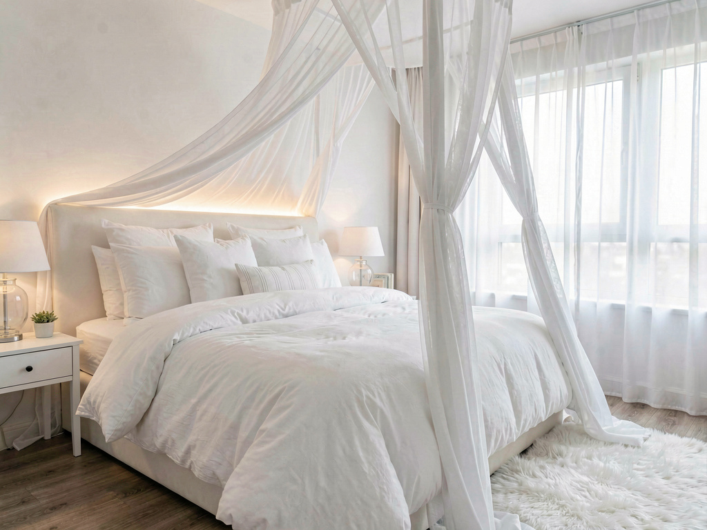 Cloud aesthetic all-white bedroom with fluffy duvet and canopy