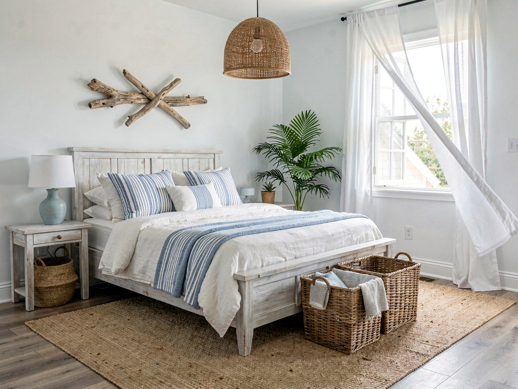 Coastal aesthetic bedroom with blue and white palette and rattan accents