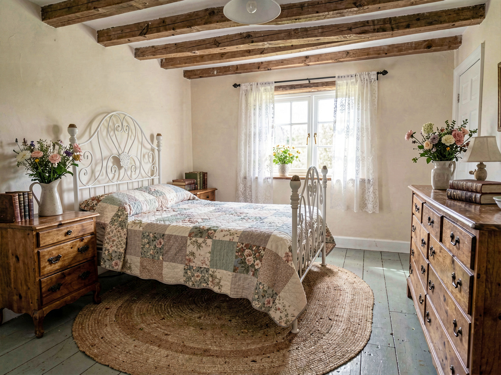 Cottagecore aesthetic bedroom with patchwork quilt and wildflowers