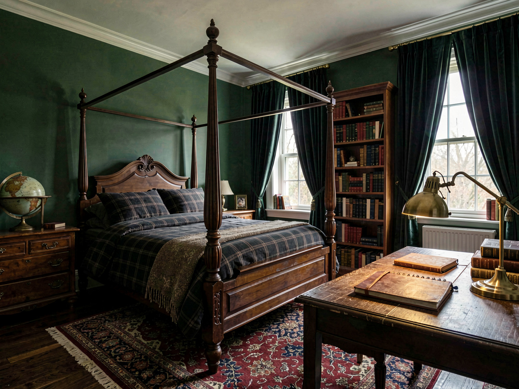 Dark academia aesthetic bedroom with green walls and bookshelf