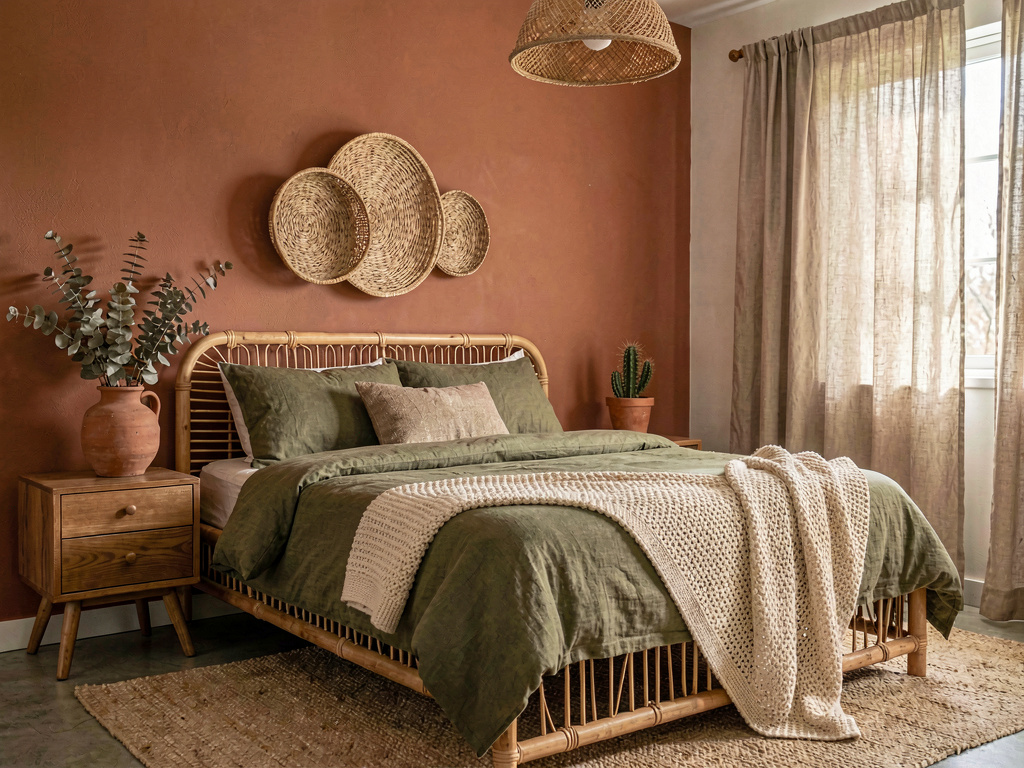 Earthy aesthetic bedroom with terracotta walls and rattan bed frame