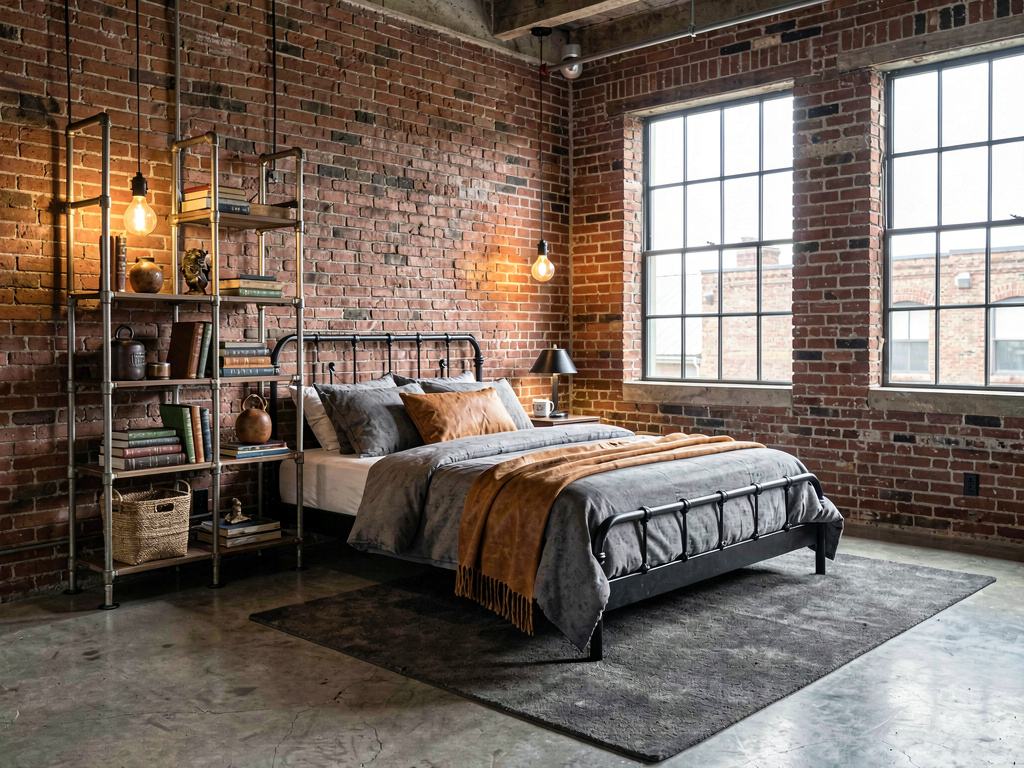 Industrial aesthetic bedroom with exposed brick and metal furniture