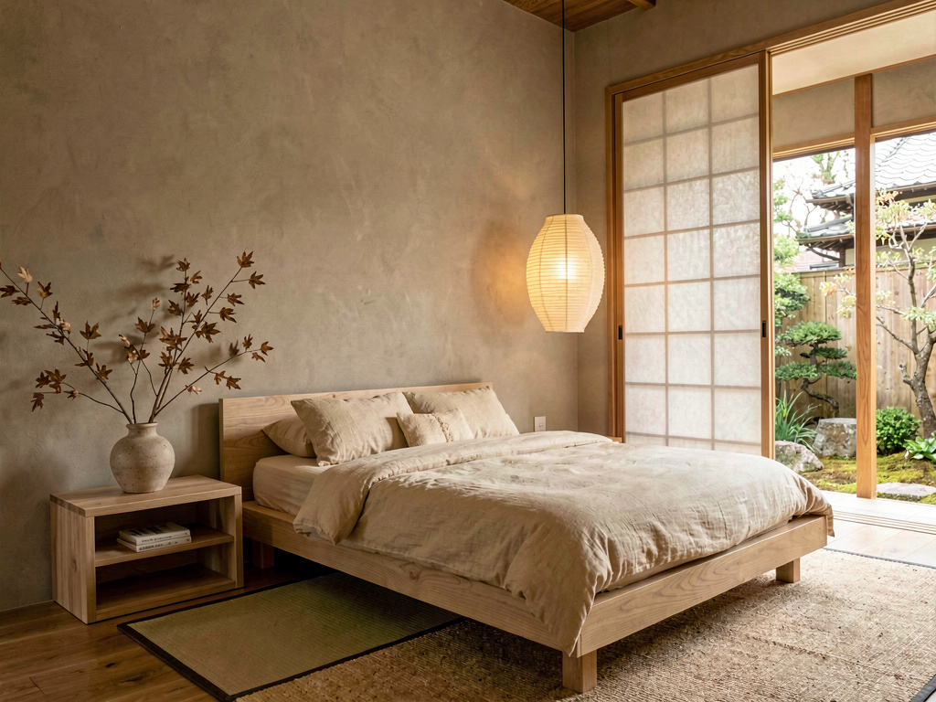 Japandi aesthetic bedroom with low platform bed and paper pendant lamp