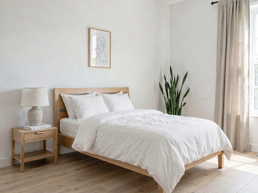 Minimalist aesthetic bedroom with white bedding and light oak furniture