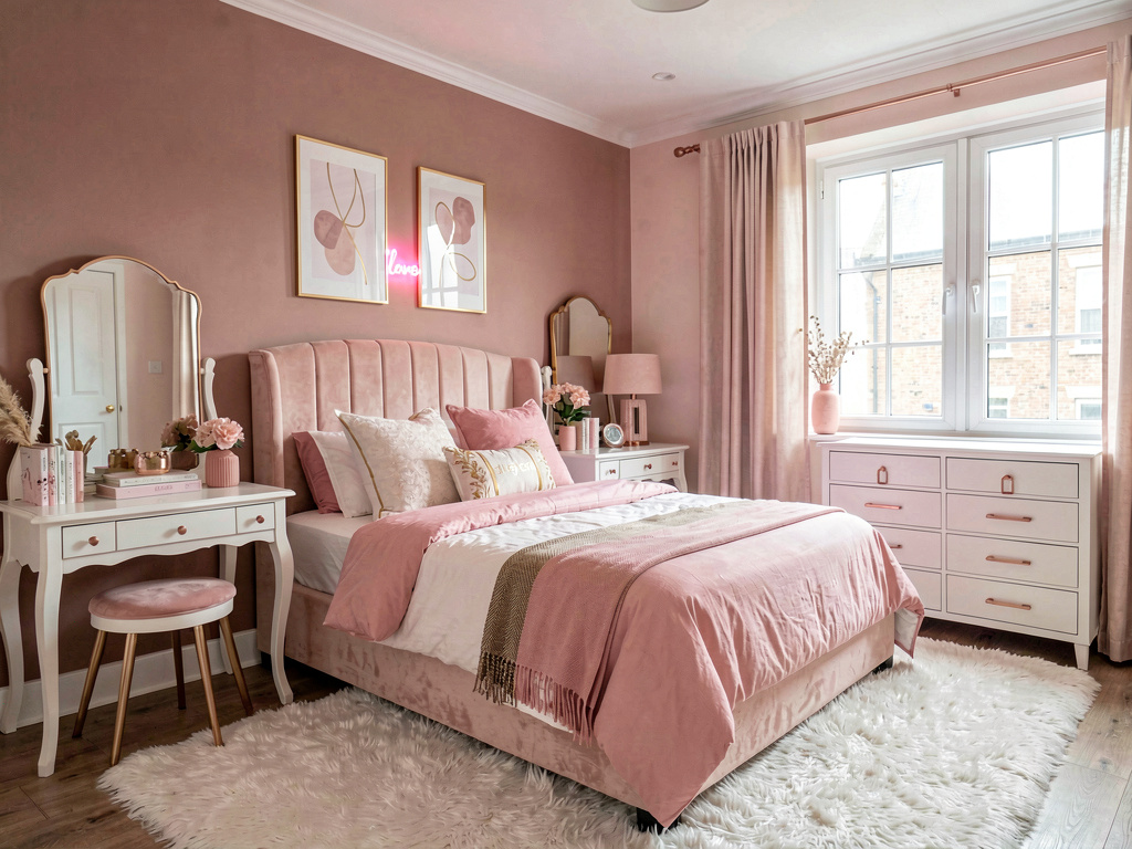 Pink aesthetic bedroom with dusty rose walls and velvet headboard