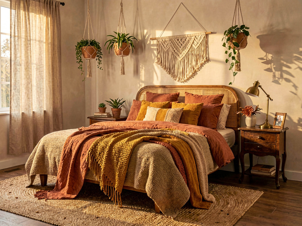 A bedroom redecorated in bohemian style with a rattan headboard, layered textiles, and hanging plants