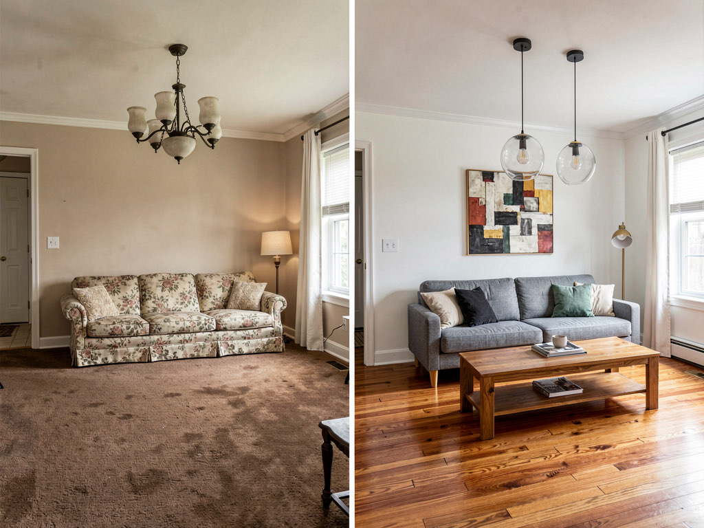 A before and after split comparison showing a dated living room transformed into a modern space
