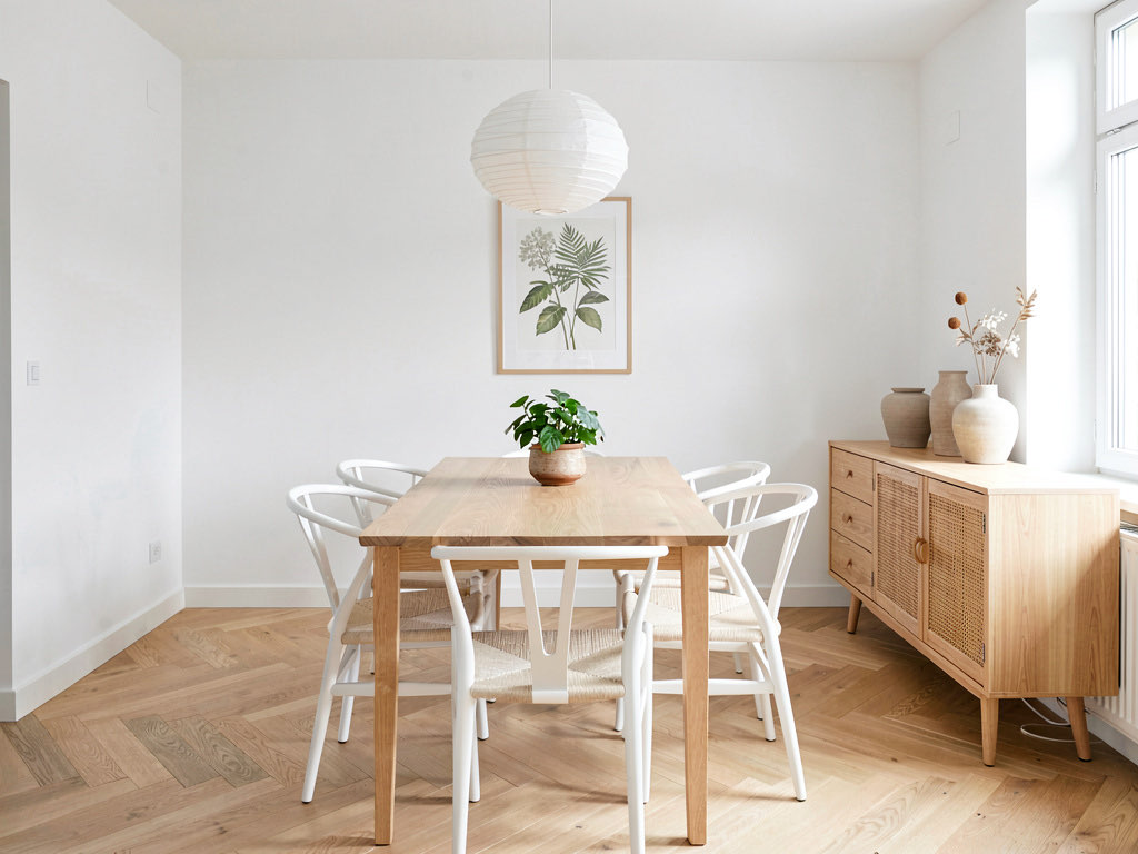 A dining room redecorated in Scandinavian style with a light oak table, white wishbone chairs, and a paper pendant light