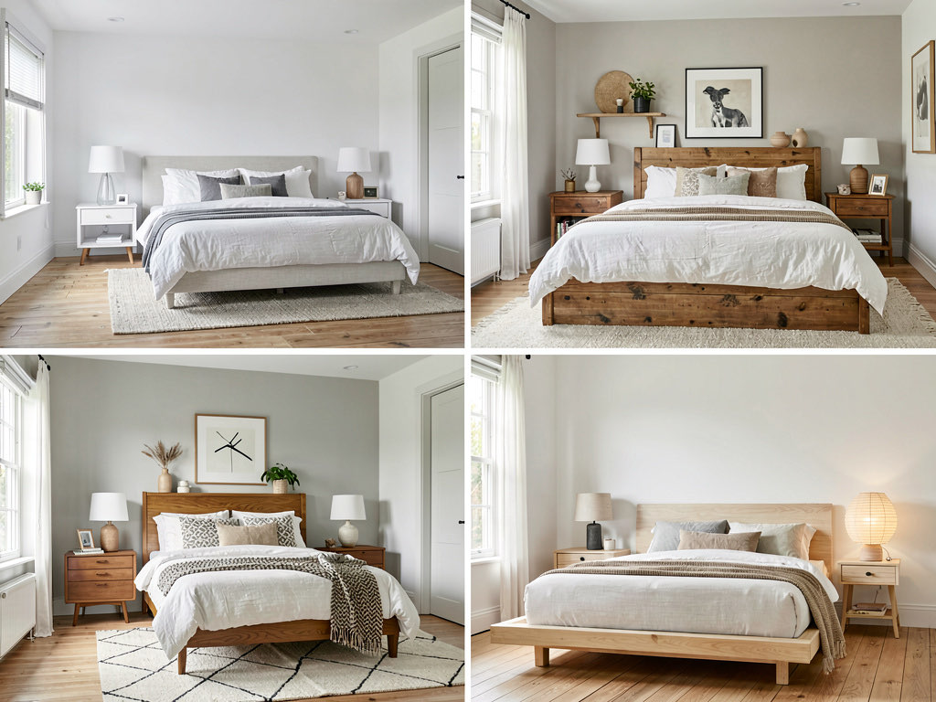 A 2x2 grid showing the same bedroom in four styles: modern, farmhouse, mid-century modern, and japandi