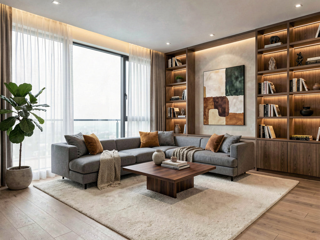 A living room redecorated in modern style with a gray sectional, walnut coffee table, and abstract wall art