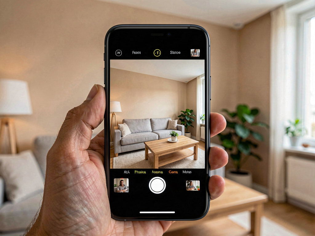 A smartphone camera viewfinder pointed at a living room showing the room through the phone screen
