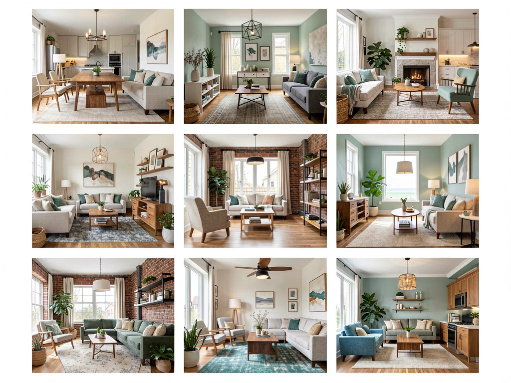 A grid showing six room thumbnails of the same living room in six different design styles