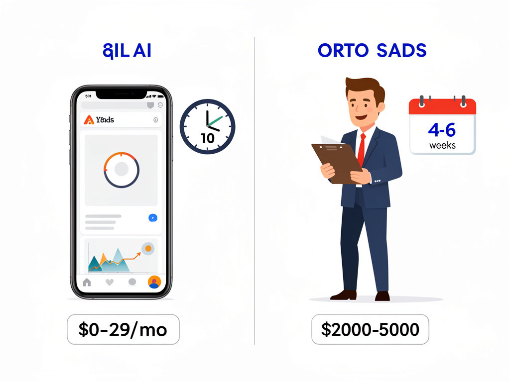 Comparison showing AI design on a smartphone versus a designer with a portfolio — AI costs $0-29/mo and takes 10 seconds, designer costs $2000-5000 and takes 4-6 weeks