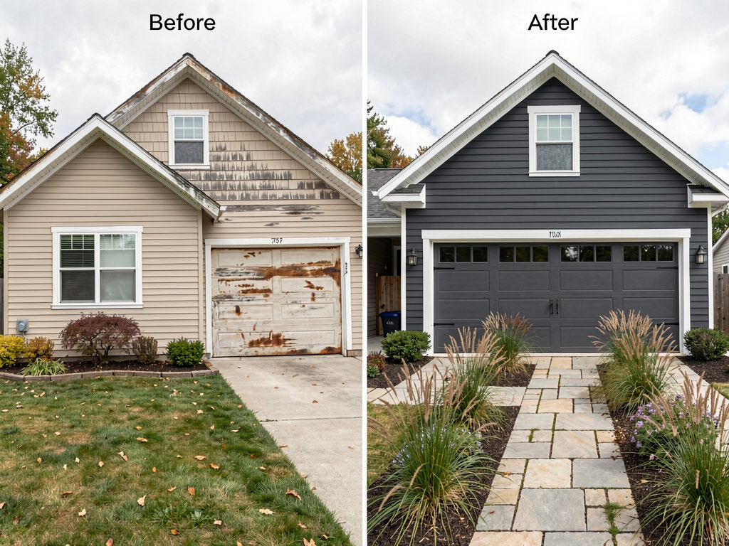 Side-by-side before and after of a home exterior — faded beige ranch on the left, modern gray siding with new landscaping on the right