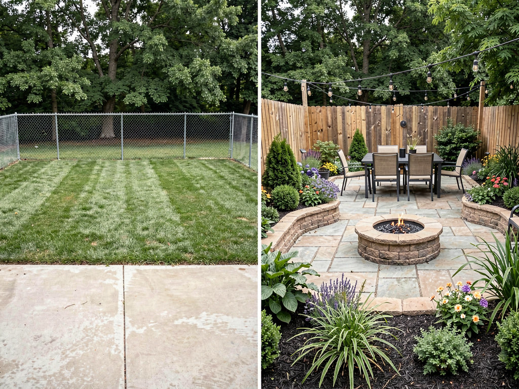 Side-by-side before and after of a backyard — plain grass and chain-link fence on the left, stone patio with fire pit and planted beds on the right