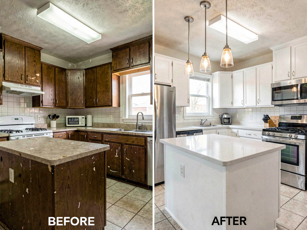 Side-by-side before and after of a kitchen — dark wood cabinets and laminate counters on the left, white cabinets and quartz countertops on the right