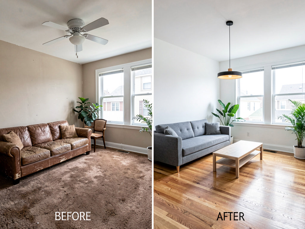 Side-by-side before and after of a living room — dated with beige walls and old carpet on the left, modern with hardwood floors and contemporary furniture on the right