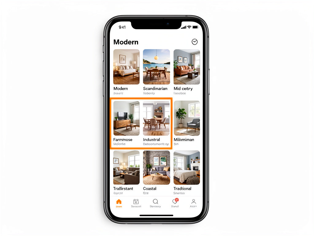 A smartphone showing a grid of interior design style options including modern, scandinavian, mid-century, farmhouse, and industrial