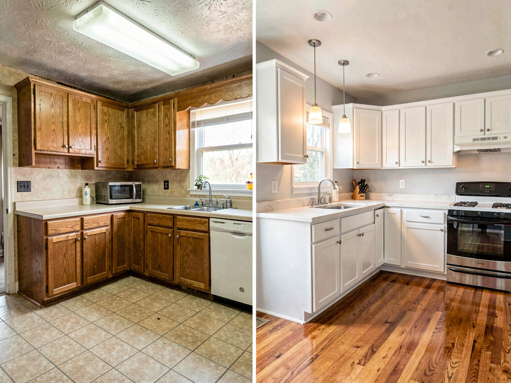 Side by side of a dated 1990s kitchen with oak cabinets and laminate counters next to the same kitchen renovated with white shaker cabinets, quartz countertops, and modern pendants