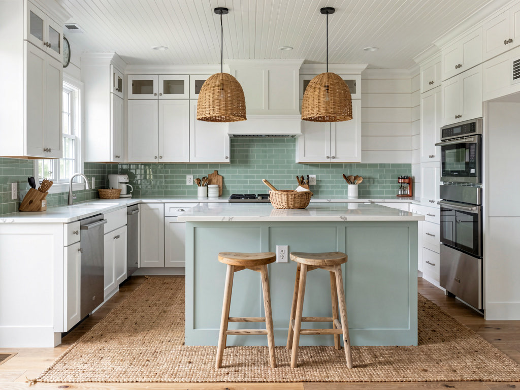 A coastal kitchen with white cabinets, a light blue island, shiplap walls, woven rattan pendant lights, and seafoam green glass tile backsplash