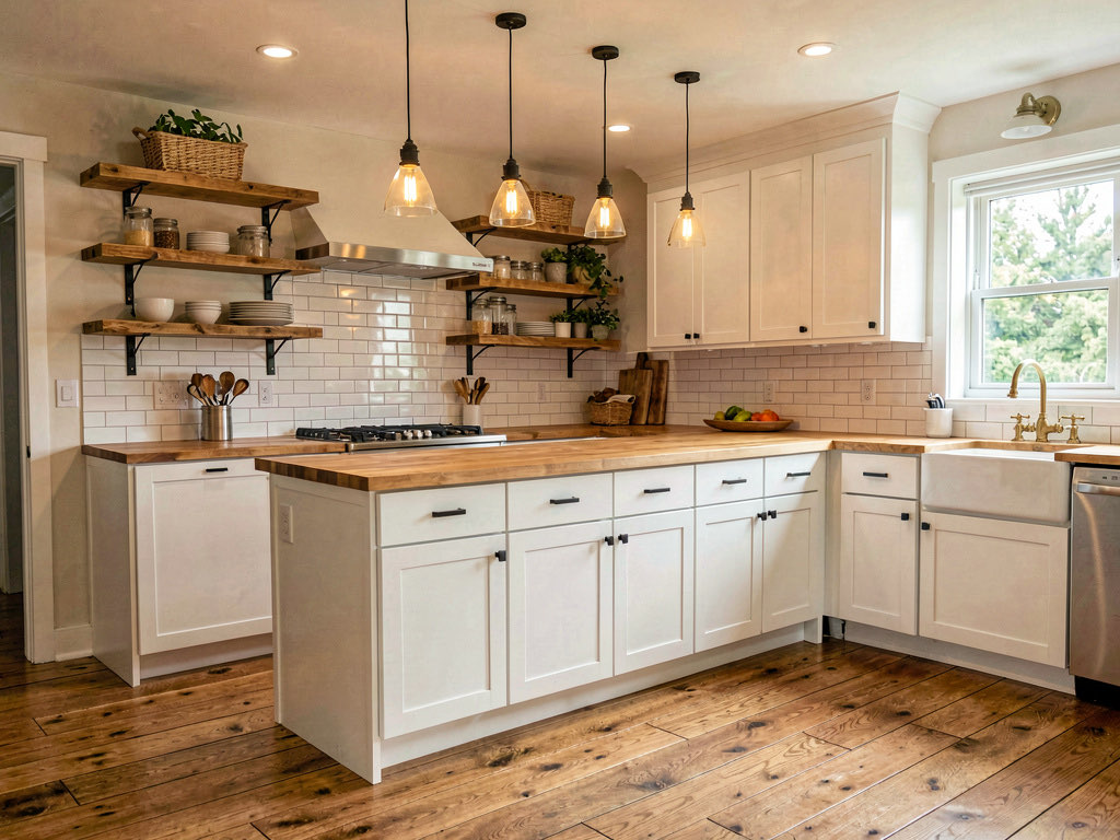 A farmhouse kitchen with white shaker cabinets, butcher block island, subway tile backsplash, apron-front sink, and pendant lights with Edison bulbs