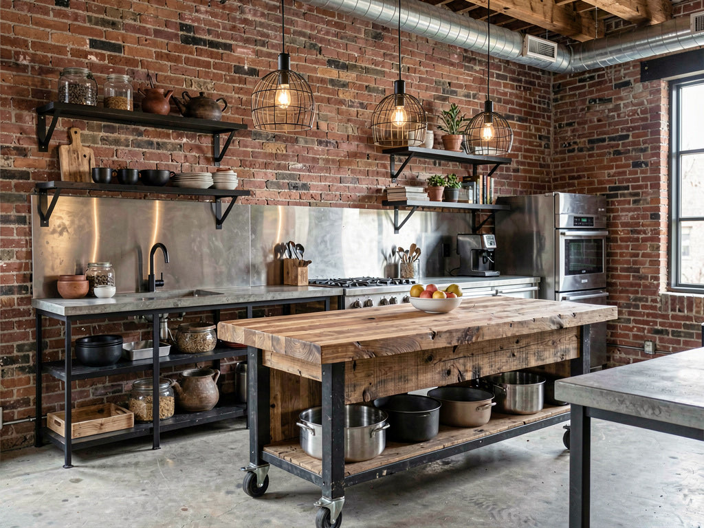 An industrial kitchen with exposed brick wall, metal shelving, concrete countertops, stainless steel backsplash, and pendant lights with metal cage shades