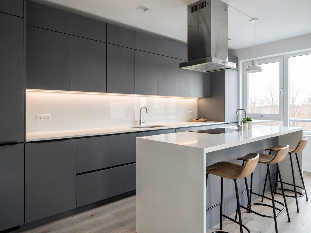 A modern kitchen with flat panel dark gray cabinets, white quartz countertops, under-cabinet LED lighting, and a waterfall island with bar stools