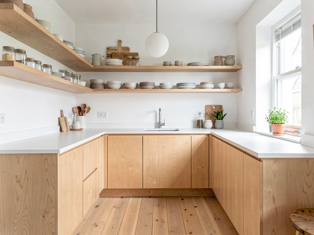 A Scandinavian kitchen with light birch wood cabinets, white walls and countertops, a simple pendant light, open shelving with ceramic dishes, and a herb pot on the windowsill