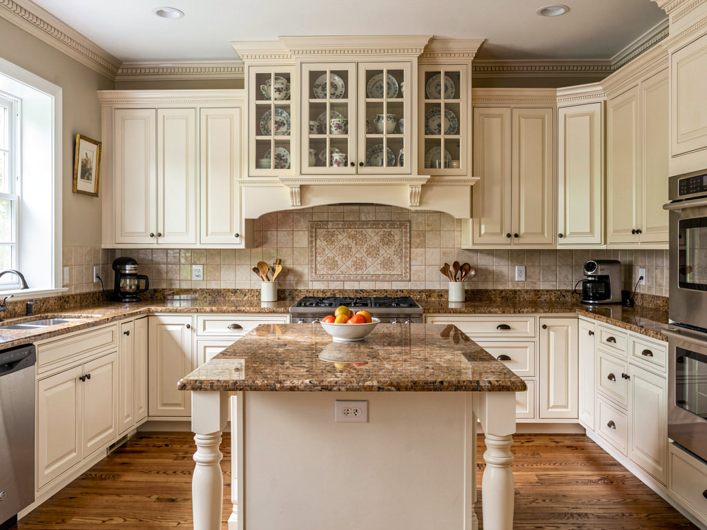 A traditional kitchen with raised panel cream cabinets, warm granite countertops, crown molding, glass front upper cabinets, and a center island with turned legs