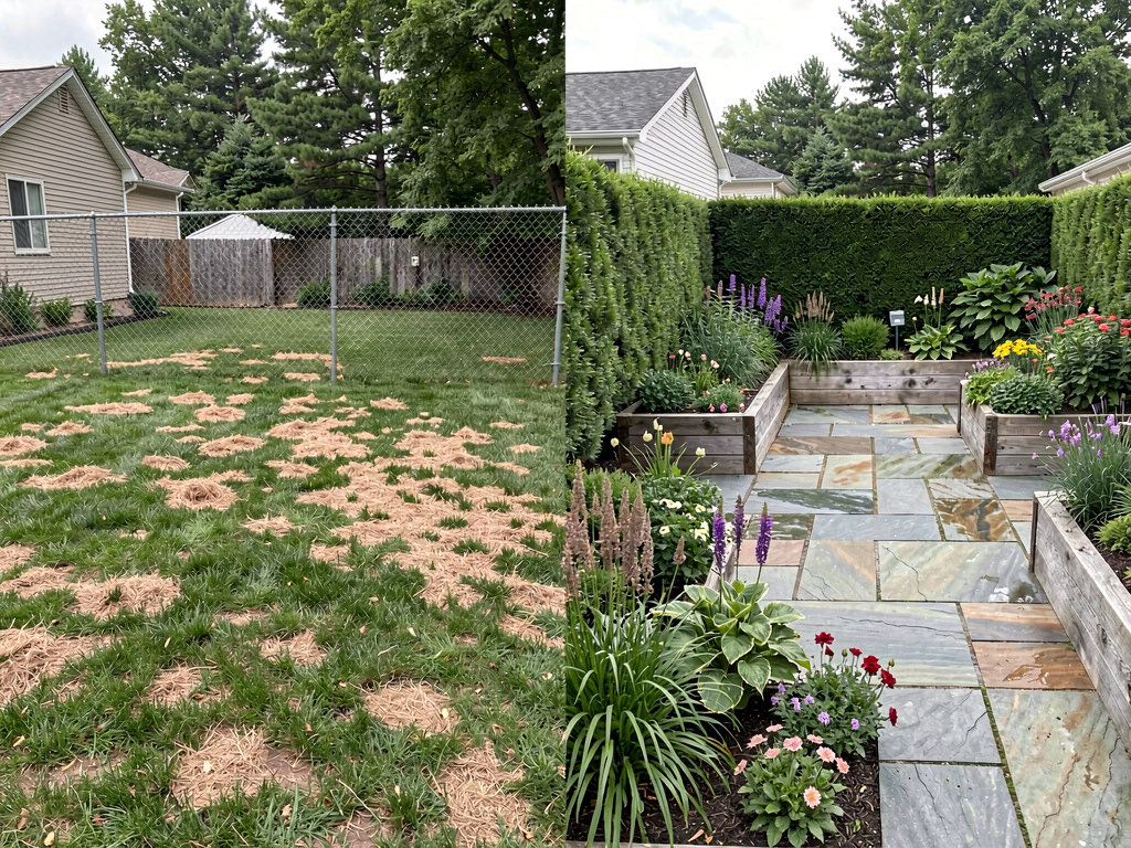 Jardín rediseñado de un patio con césped irregular a un jardín mediterráneo con olivos, camino de grava y área de estar de piedra