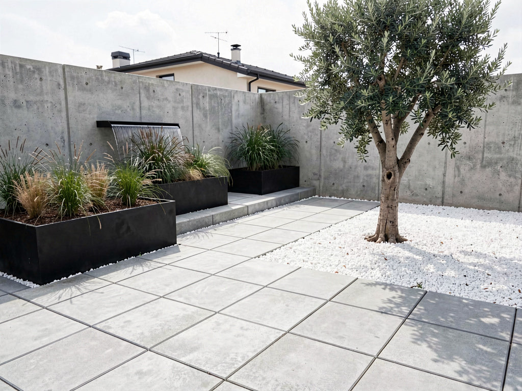 A modern minimalist backyard with concrete pavers, black steel raised planters with ornamental grasses, a specimen olive tree, and a water blade feature