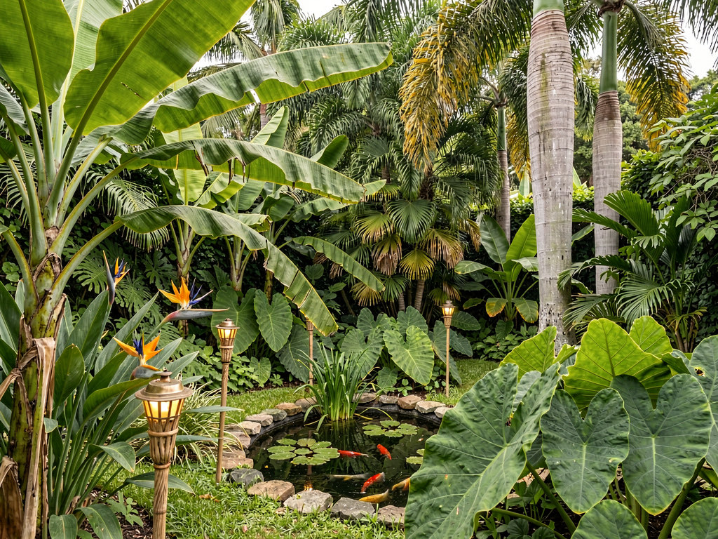 A tropical backyard garden with banana plants, bird of paradise, palms, elephant ears, a koi pond, and dense green plantings