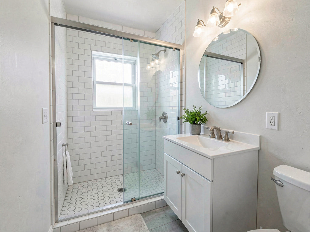 A small apartment bathroom with new white hexagon floor tile, subway tile shower, and modern fixtures