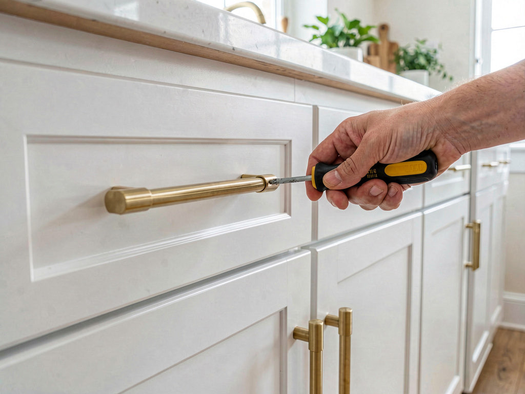 Kitchen cabinets with new brushed brass cabinet pulls replacing old hardware