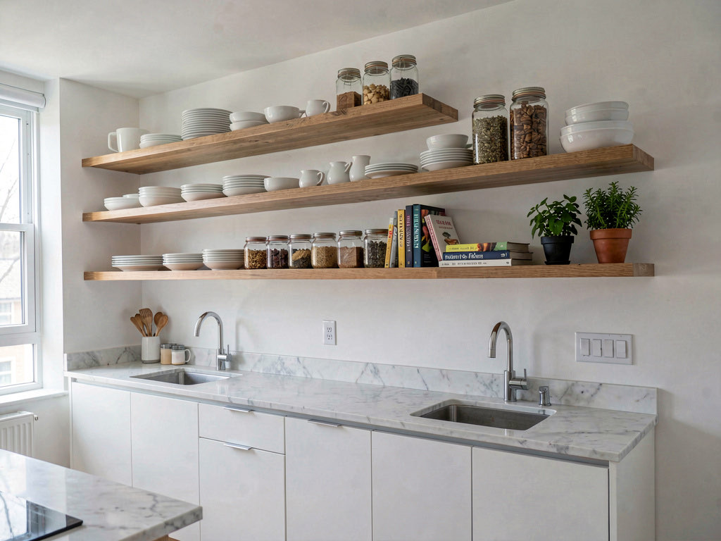 A kitchen with open wooden floating shelves replacing upper cabinets, displaying dishes, jars, and herbs