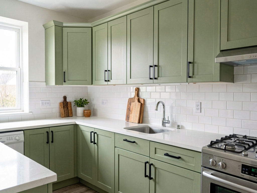 Kitchen cabinets painted in sage green with new black hardware, white countertops, and a subway tile backsplash