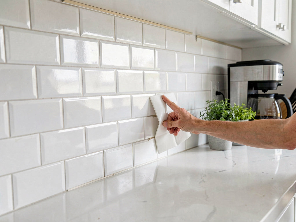 A kitchen with peel-and-stick subway tile backsplash being applied above a white countertop