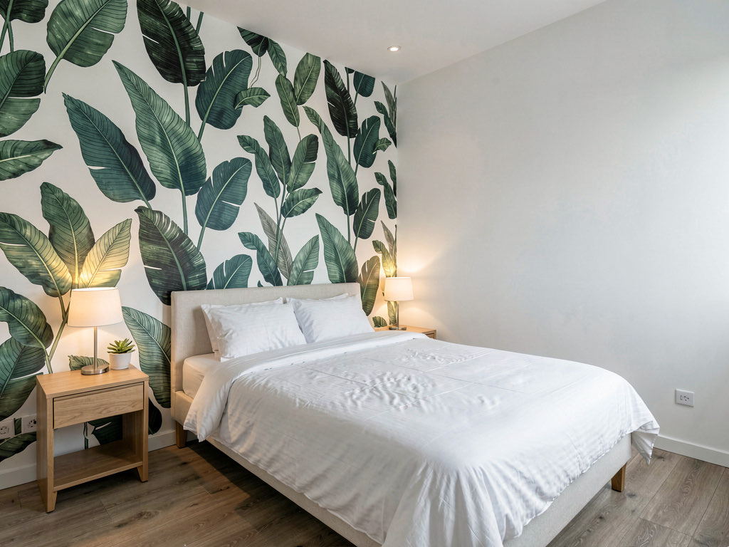 A bedroom with a botanical print removable wallpaper accent wall behind the bed