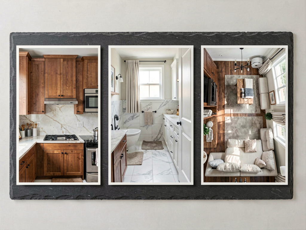 Three before/after pairs of designed rooms laid out side-by-side as portfolio examples