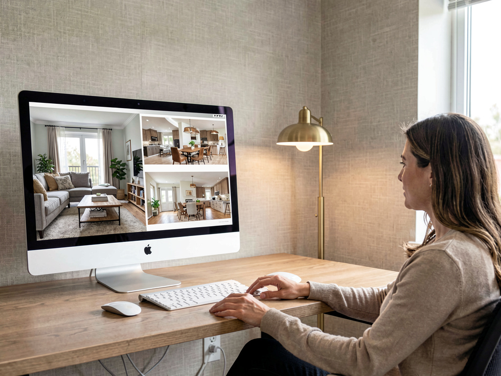 A designer presenting three style direction renders on a large monitor next to a client