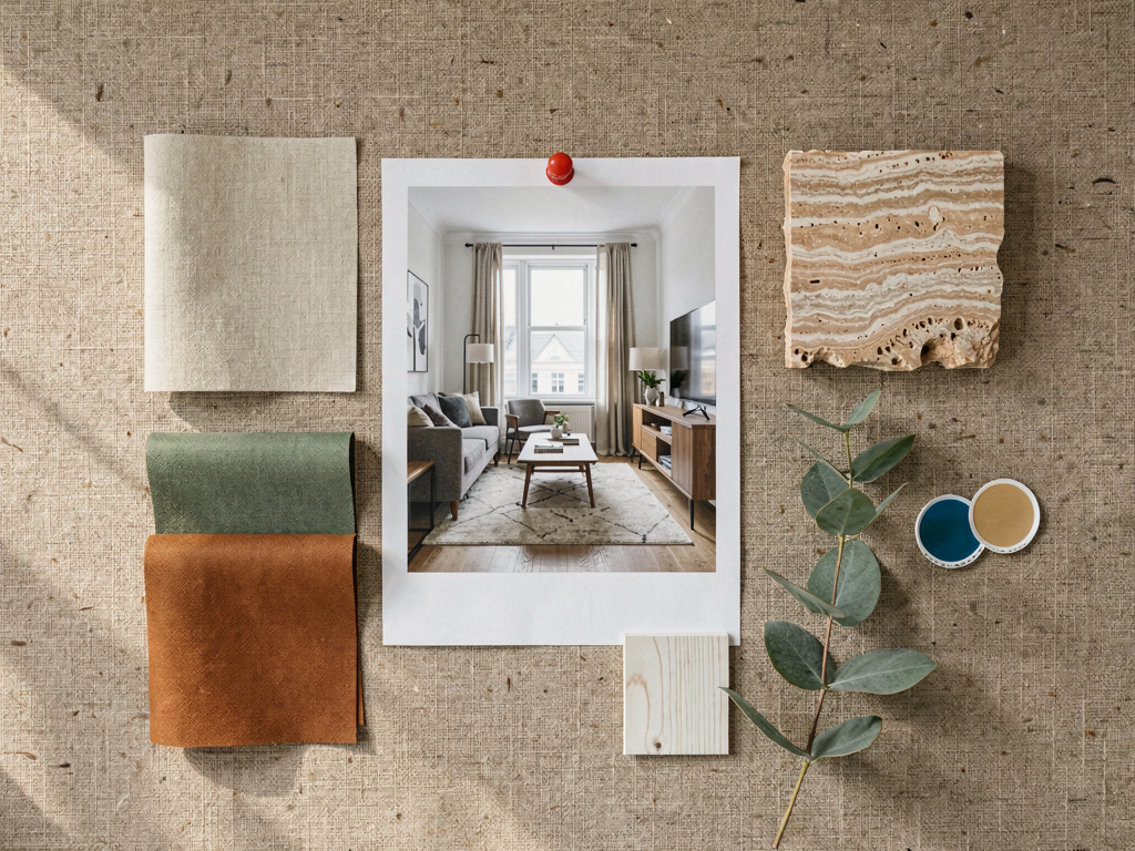 A mood board with an AI render at the center, surrounded by fabric swatches and material samples