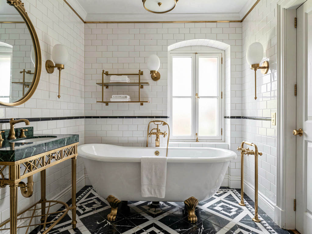 Art Deco bathroom with black and white marble tiles, brass fixtures and clawfoot tub