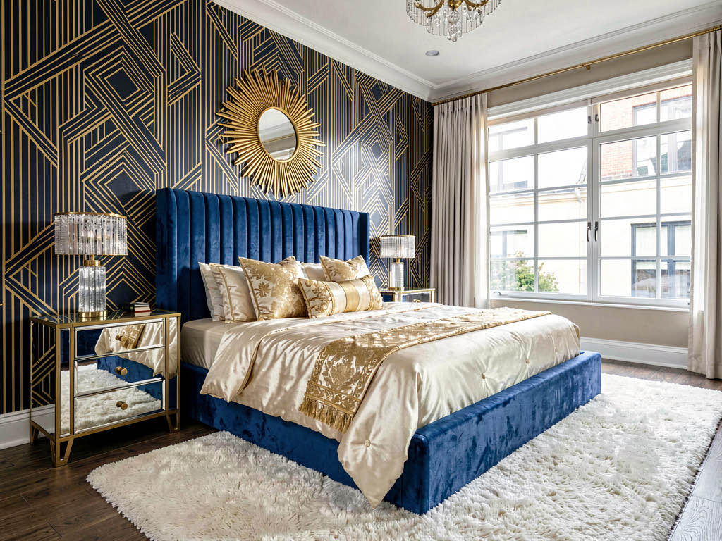 Art Deco bedroom with sapphire blue velvet headboard, gold mirror and crystal lamps
