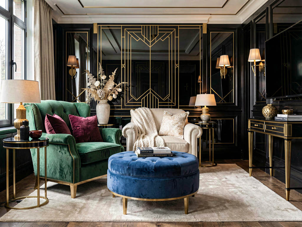 Art Deco interior design color palette with emerald, sapphire, gold and black accents