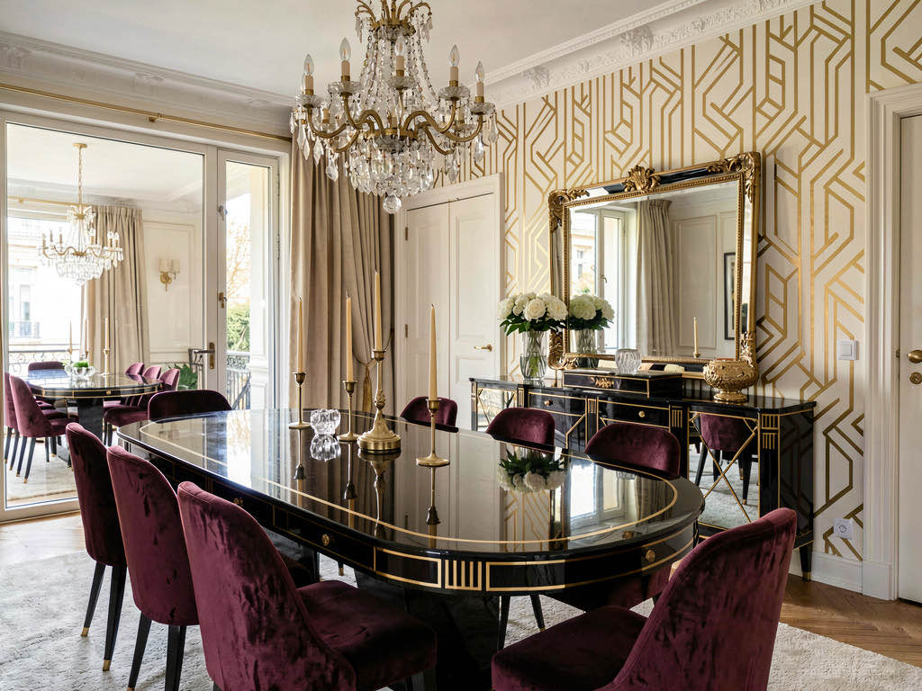 Art Deco dining room with lacquered oval table, burgundy velvet chairs and crystal chandelier