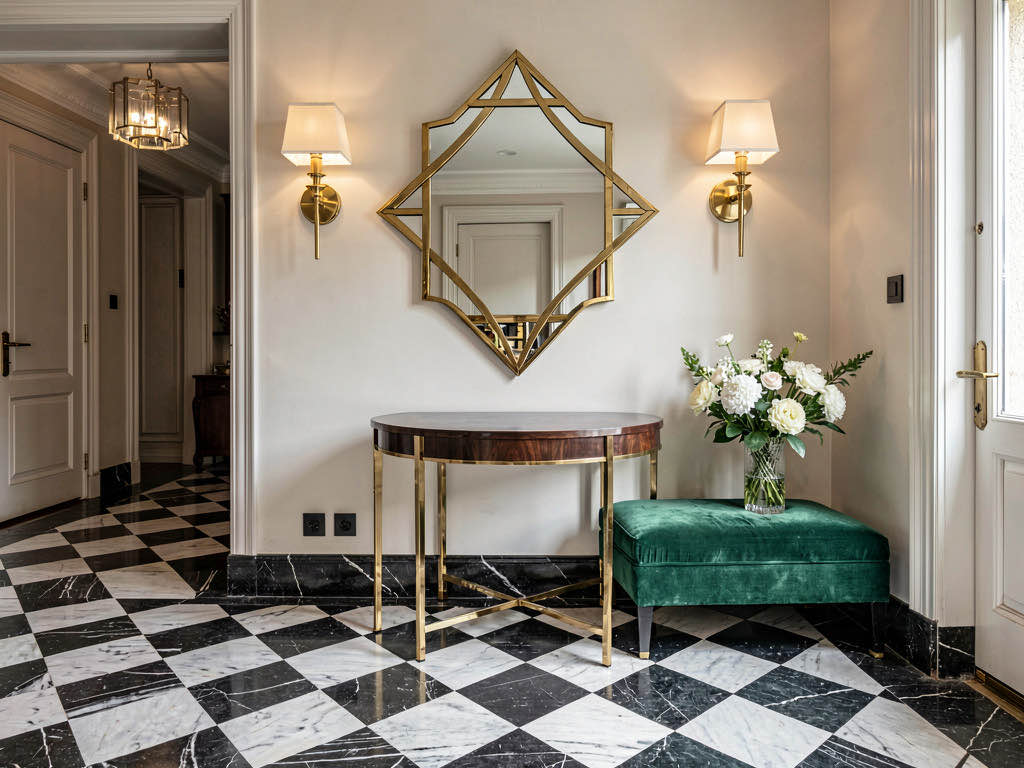 Art Deco entryway with checkered marble floor, geometric mirror and emerald velvet bench