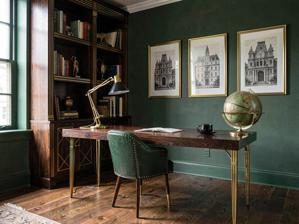 Art Deco home office with dark walnut desk, green leather chair and brass accents