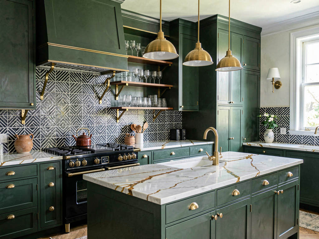 Art Deco kitchen with dark green cabinets, brass hardware and geometric tile backsplash