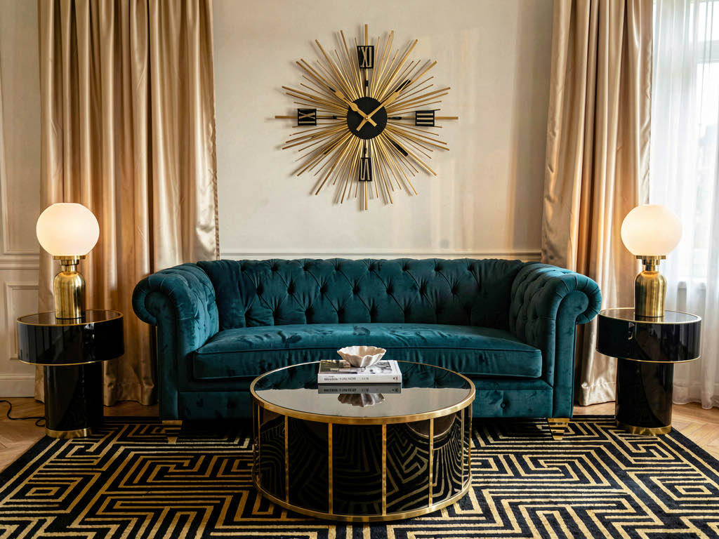 Art Deco living room with tufted teal velvet sofa, mirrored coffee table and brass lamps